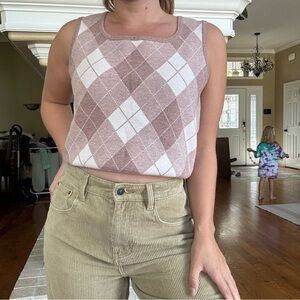Sioni Blush White Argyle Sleeveless Sweater Top Light Academia Large
